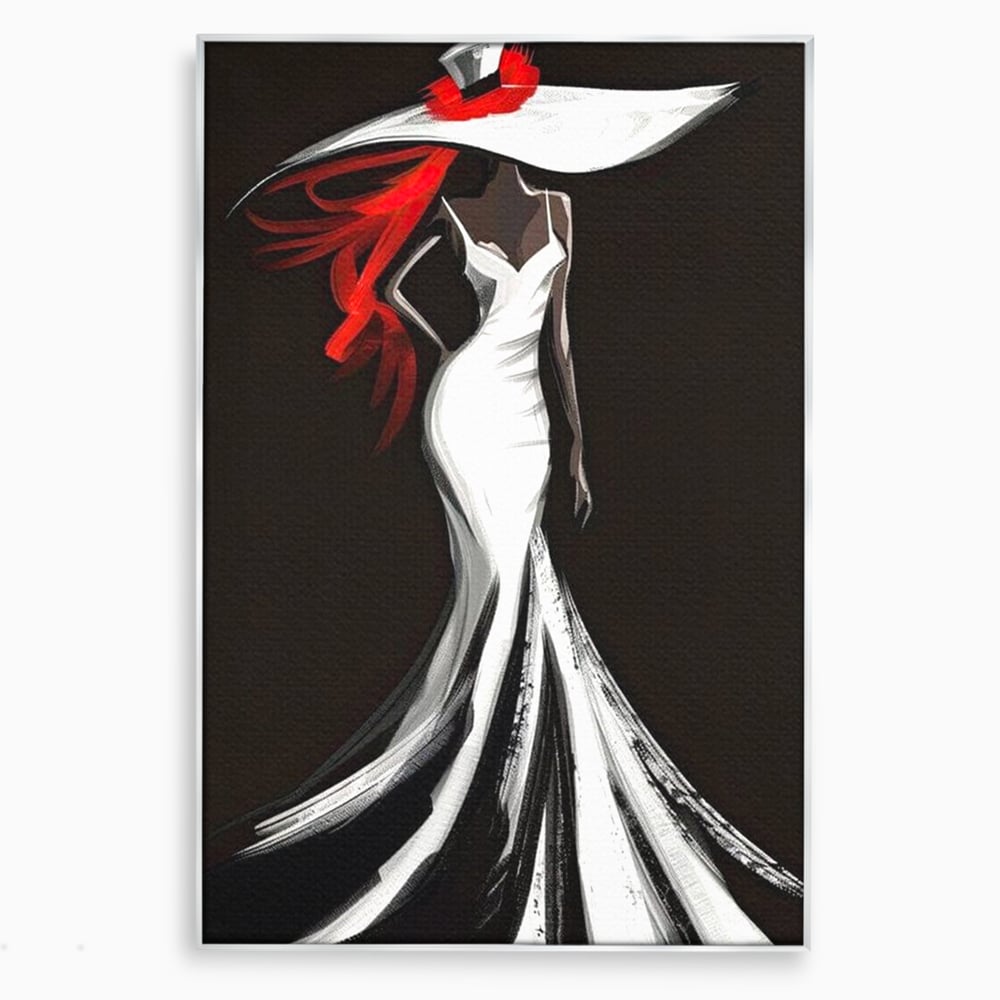 Tablou canvas cu tablou canvas cu silueta de femeie in rochie alba, in rama de aluminiu argintiu